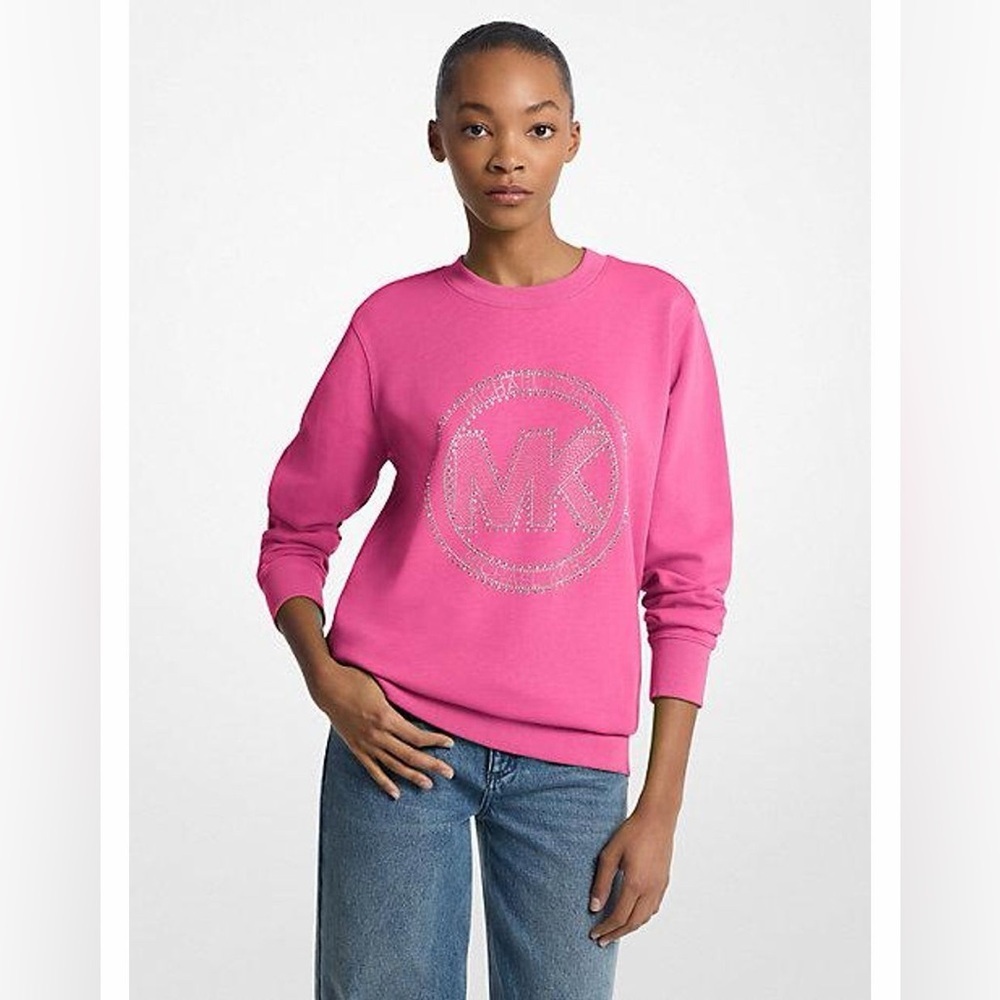 Michael Kors Pink Embellished Logo Cotton Blend Sweatshirt